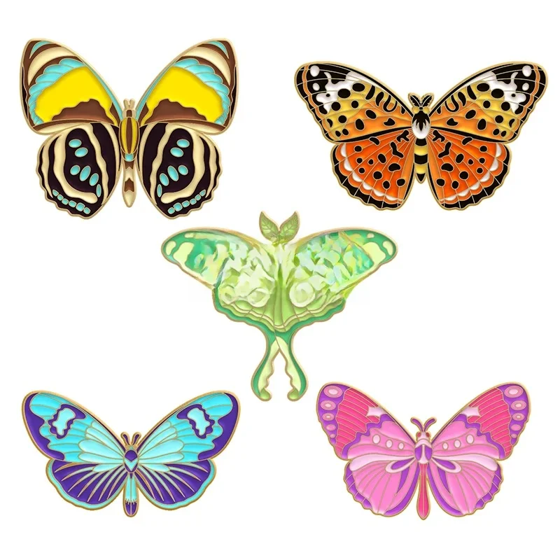 Broches papillon en émail, broches chinoises en forme de lune, Badges insectes, bijoux naturels, accessoires, cadeau pour enfants, amis