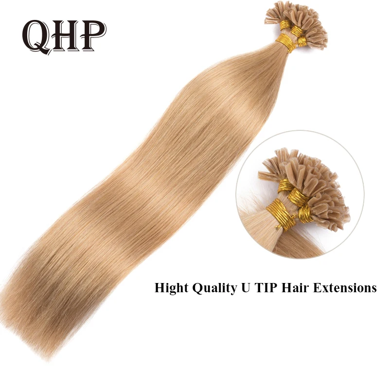 QHP Straight Keratin Capsules Nail U Tip Hair Extensions Human Fusion Hair Brazilian Remy Natural Hair Extension Blond Color