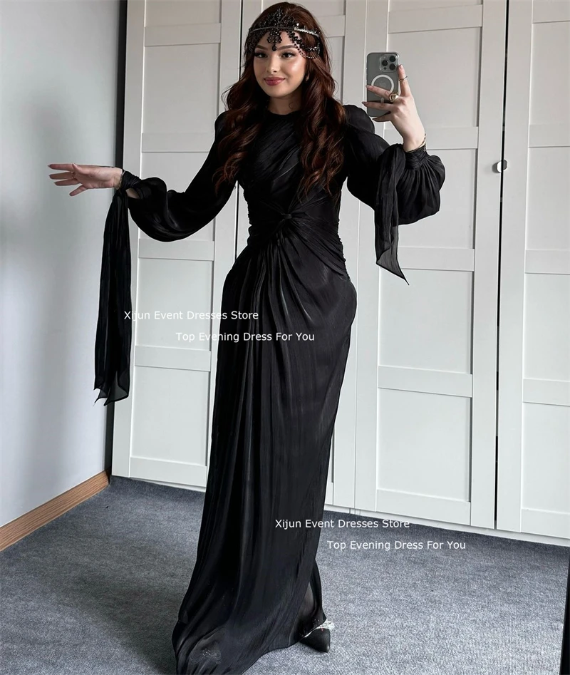 Xijun Modest Black Evening Dresses Mermaid Full Sleeves Formal Prom Dresses O-Neck Moroccan Kaftan Dubai Prom Gowns Floor Length