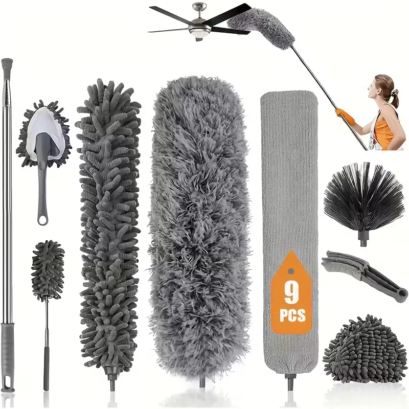 9pcs-Telescopic Dust Remover Can Be Extended to 285 Centimeters, Telescopic Cleaner, Dust Remover, Washable, Spider Web Remover