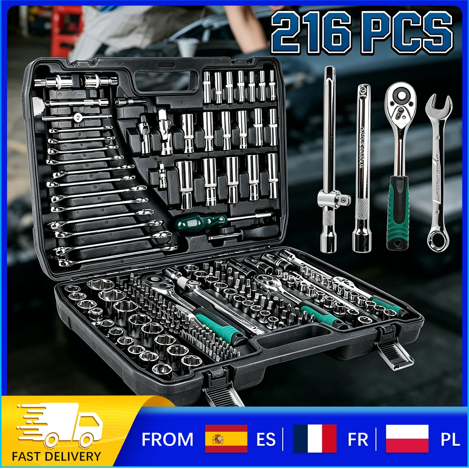 Jeu de clés à douille 216 pièces, clé à cliquet 24 dents, serrage ferme, antidérapante, durable, en acier au chrome-vanadium, haute dureté, antirouille, boîte noire, poignée verte, portable, kit de