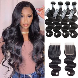 Yyong Body Wave Bundles With Closure Brazilian Hair Weave 3/4 Bundles With Lace Closure 4x4 Remy Human Hair Bundles With Closure
