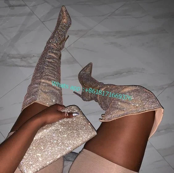 

Pointy Toe Sparkly Rhinestone Thigh High Boots Fall Women Sexy Shiny Stiletto High Heel Boots 2022 Luxury BlingBling Shoes