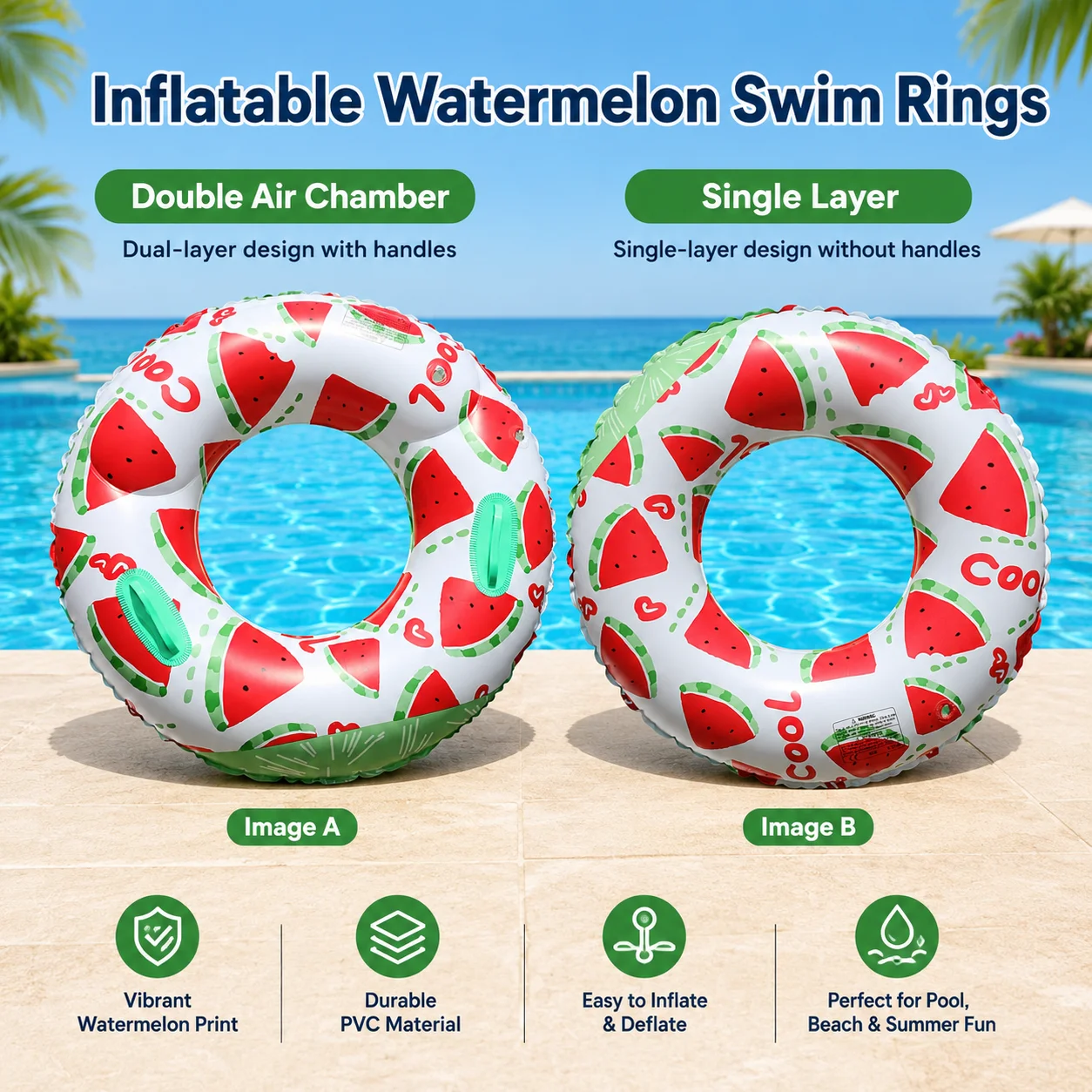 1pc Inflatable Watermelon Swim Ring with Handles Dual Air Chamber Pool Float Single Layer Swimming Ring Summer Beach Pool Toy - view 2