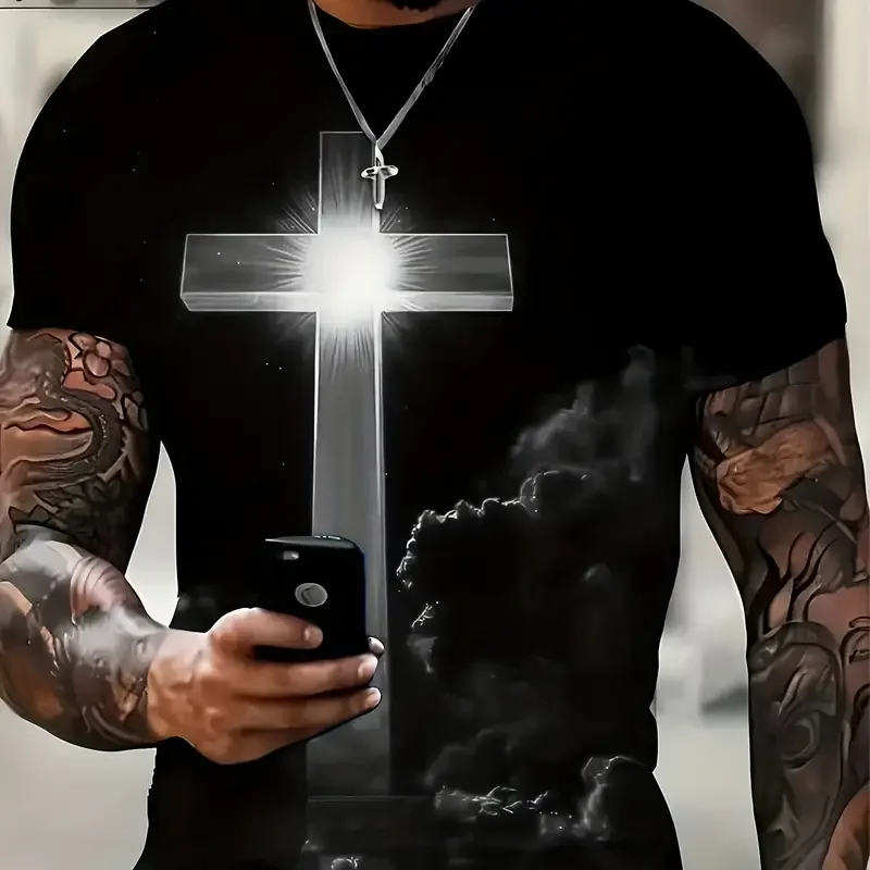 Cross Jesus 3D Printed Men\'s T-Shirt  Vintage Harajuku Street Tops Tee Breathable Oversized Sports T Shirt Casual Men Clothing