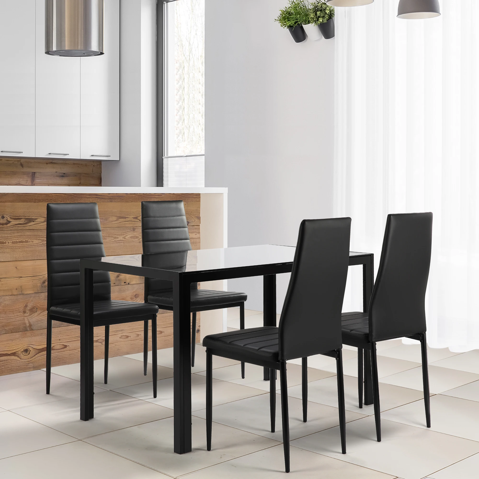 Dining Table Set 5 Piece Tempered Glass Table and 4pcs Faux Leather Dinning Chairs  US Warehouse