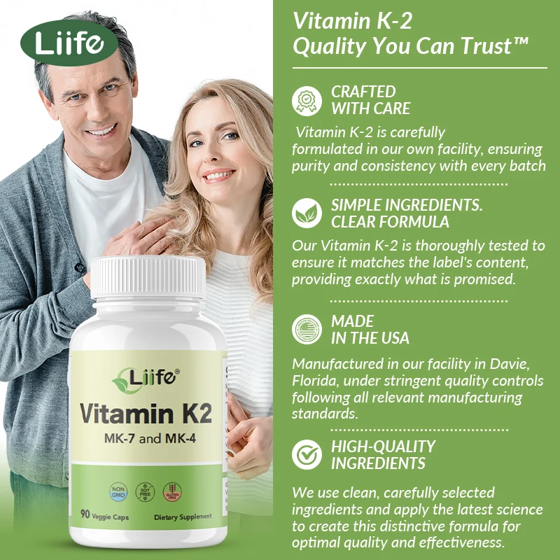 Liife Vitamin K2 Ergänzung-90 Kapseln, 600mcg mk7 & mk4, 90-Tage-Versorgung, unterstützt die allgemeine Gesundheit und Knochens tärke, Soja und g