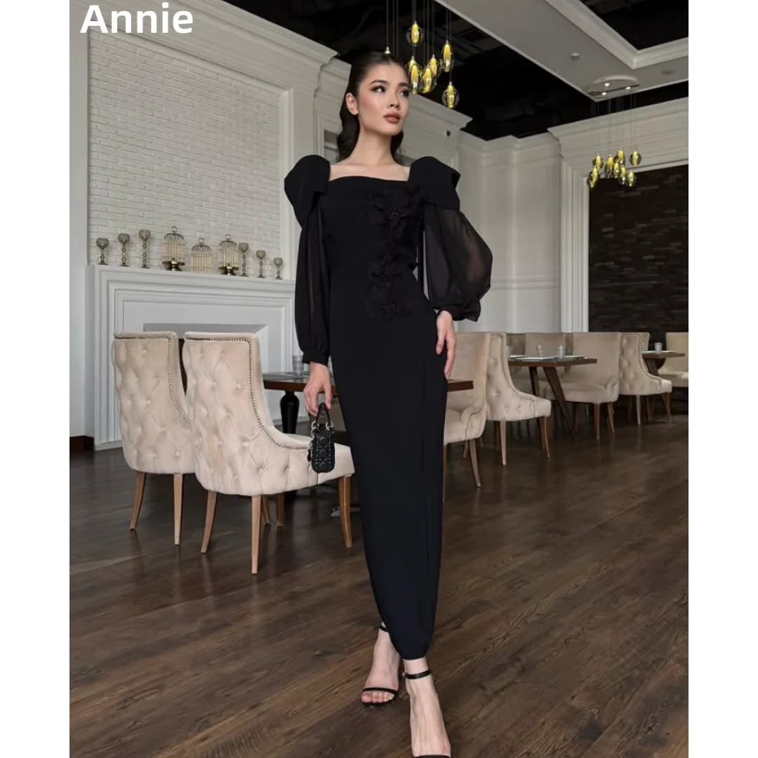 

Annie Puffy Long Sleeves Prom Dresses Black Evening Dresses Elegant Slim Ankle Length Ladies Wedding Party Dresses
