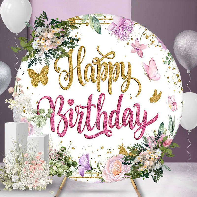 

Круглый фон с днем рождения, цветочная бабочка, украшения для детского душа, вечерние украшения, 2 м, 2,2 м, женский тематический фотофон с цветами