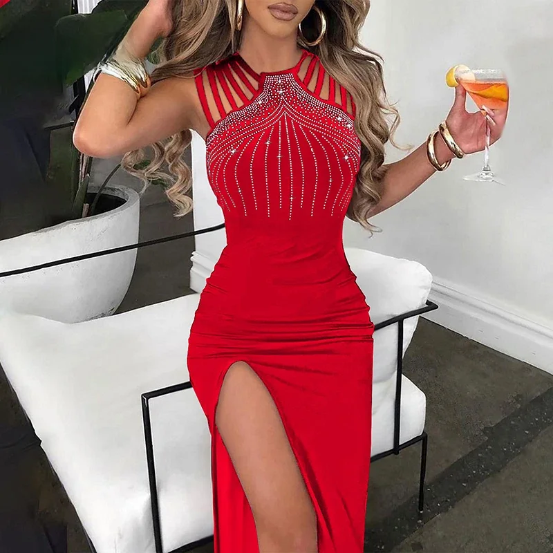 Sexy kobiety sukienka bez rękawów cekiny drążą projekt Party Dress kobiety lato podziel się długa sukienka 2023 — zdjęcie 2