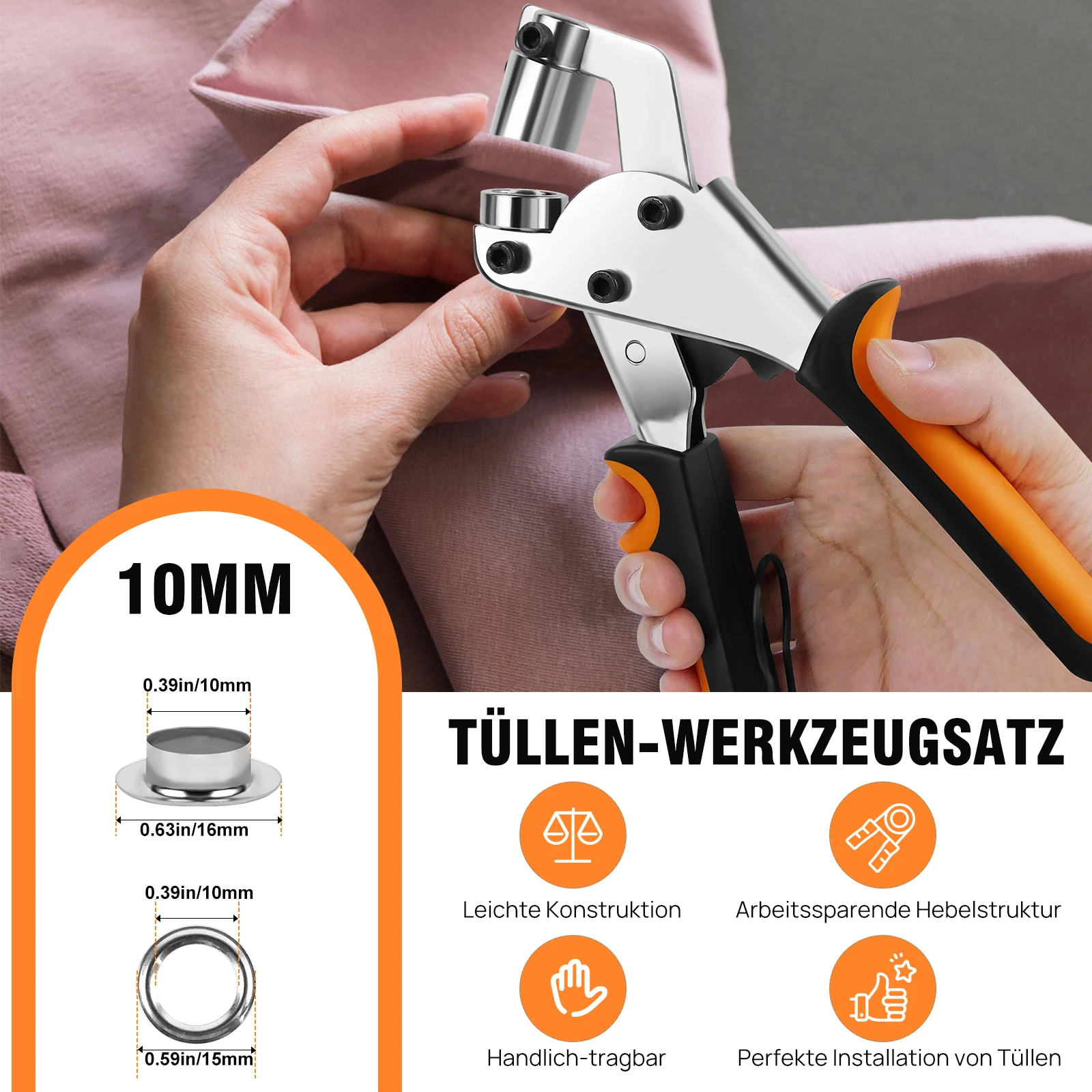 Zware-duty oogjeszetterset, oogjes 500 3/8 inch 10 mm, oogjesset, gereedschap, zeil, stof, banner, canvas, leer, tent, vinyl, perforatiemachine.