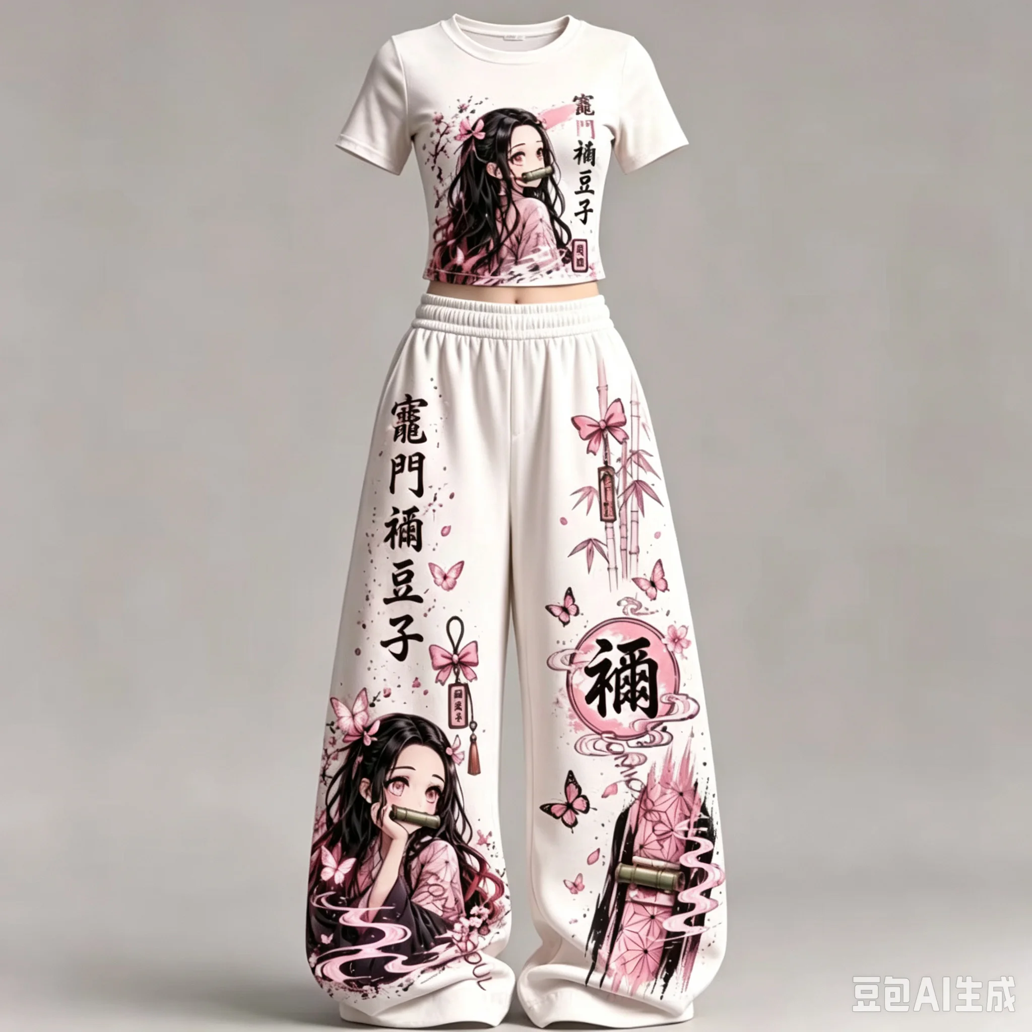 2027 Demon Slayer Summer Print 2 Piece Outfit Y2K Streetwear T Shirt + Wide Leg Pants Set Casual Sportswear Tracksuit Adult Kids