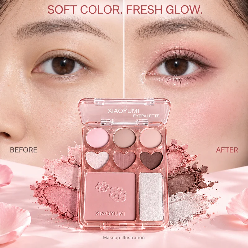 XIAOYUMI 8 Colors Eyeshadow Blush Palette 6 Eye Shades 2 Cheek Shades Matte Shimmer Highlighter Pink Peach Coral Nude Makeup Kit gallery 1