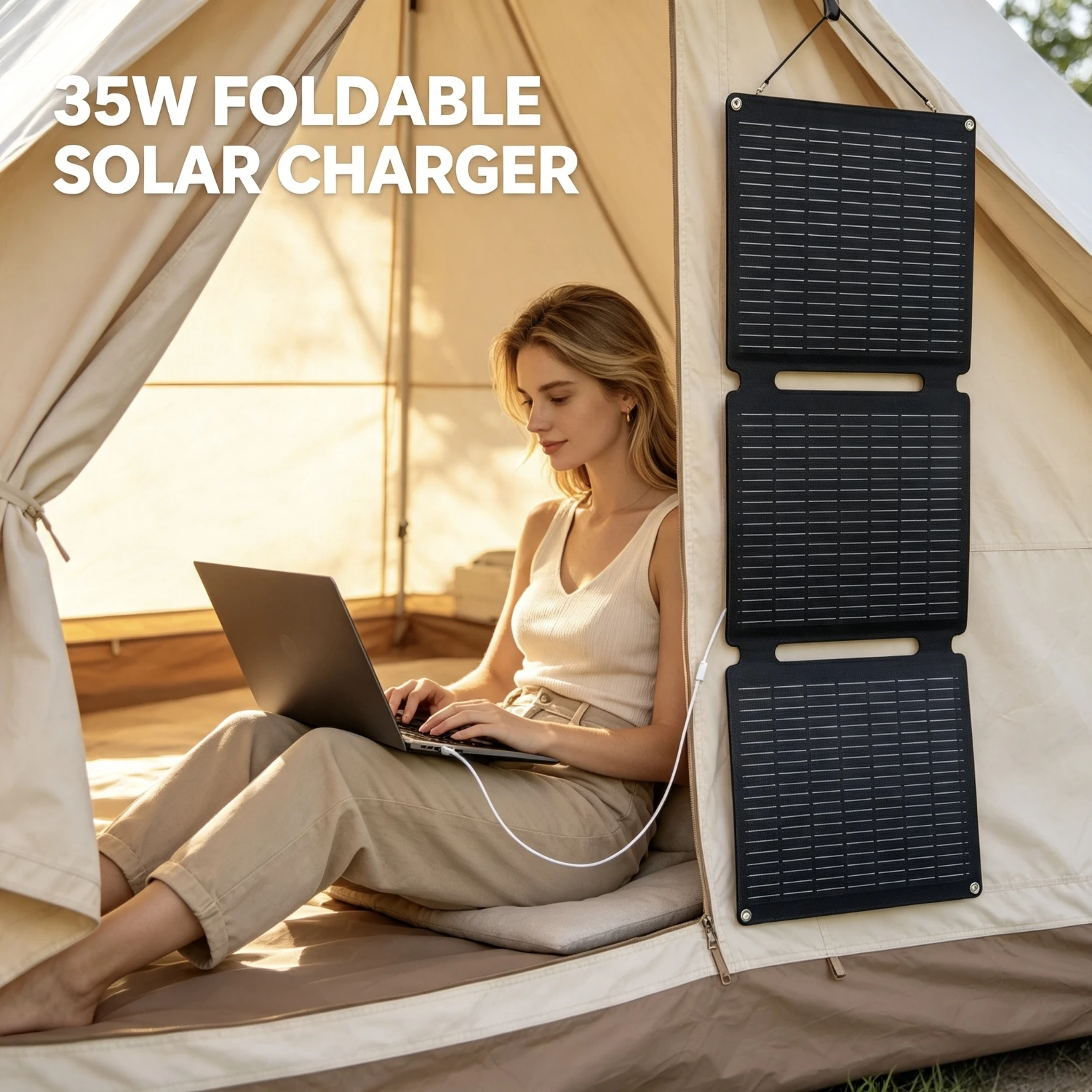 Składany panel słoneczny 35W, przenośna zewnętrzna ładowarka solarna z 1 portem USB i 1 portem Type C, wodoodporny, szybkie ładowanie 2 urządzeń naraz, kemping