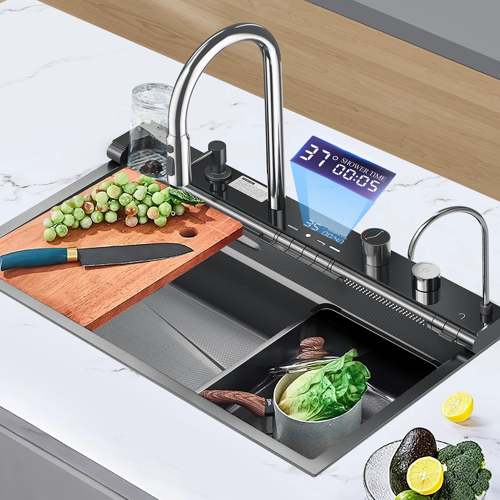 Fregadero de Cocina Grande de Acero Inoxidable 304 de 75x45cm con Cascada y Pantalla Digital, Fregadero Individual Grande con Grifo para Lavavajillas
