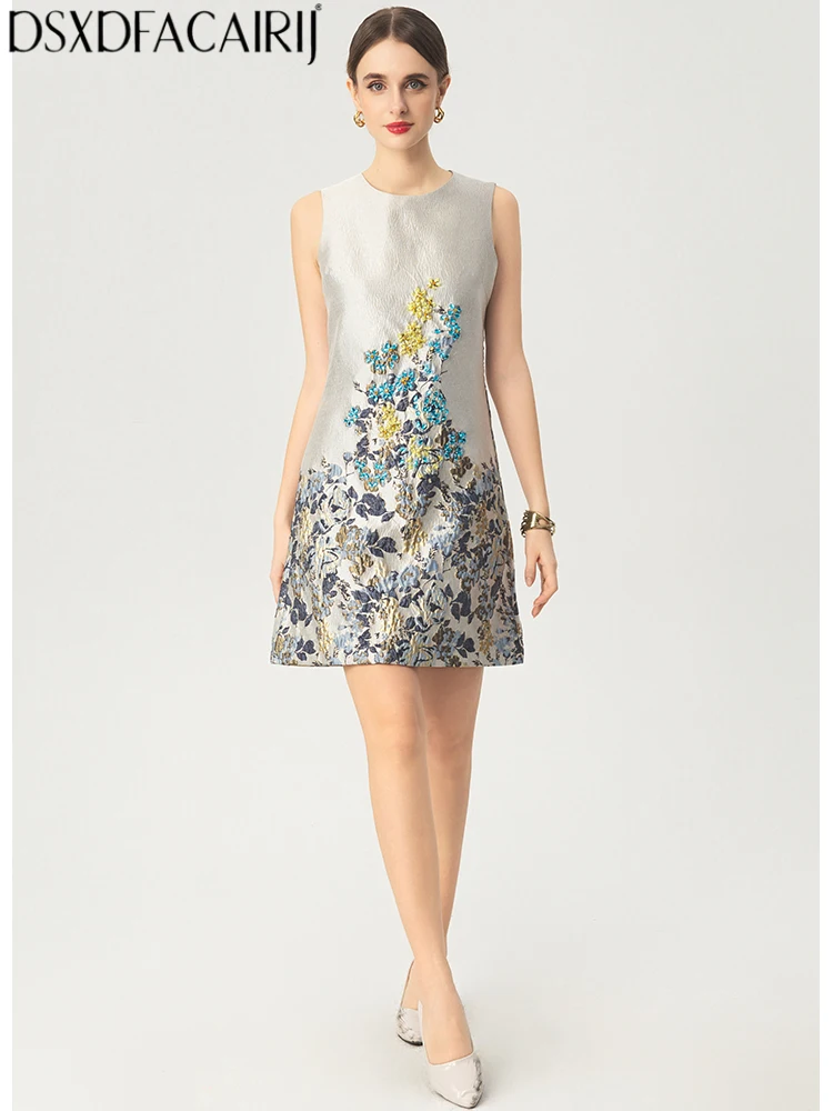 

Женское мини-платье-жилет DSXDFACAIRIJ в китайском стиле с круглым вырезом, без рукавов, жаккардовое, украшенное стразами, весна-лето, приталенное