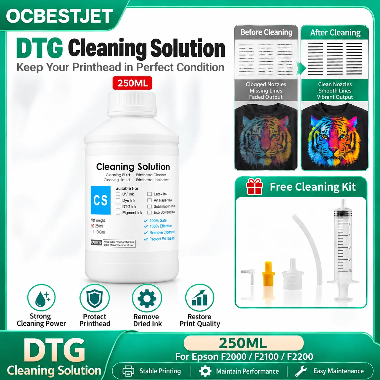 250ML DTG Cleaning Solution Textile InK Garment Ink Print Head Cleaning Liquid Capping Station Cleaning Fluid DTG Ink Cleaner