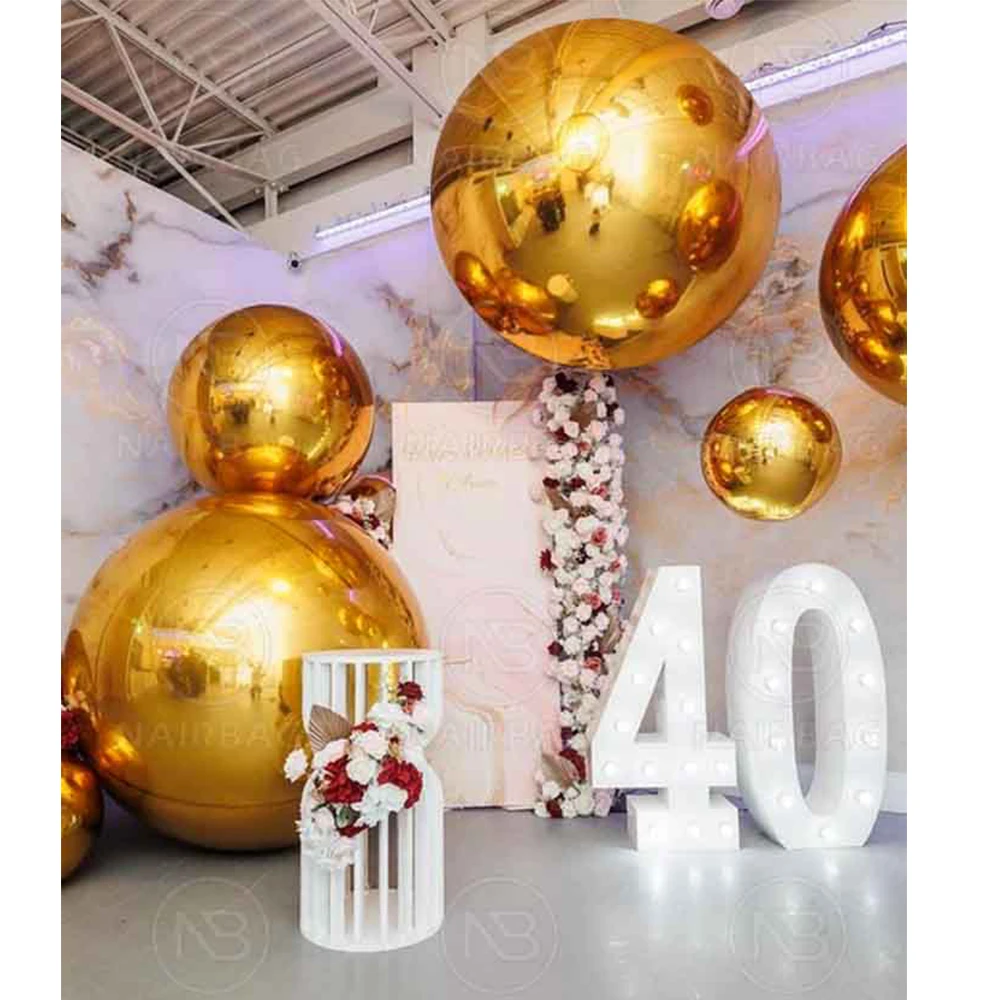 Set-6pcs Shiny Golden Inflatable Mirror Balls Airtight Giant Mirror Balloon Large PVC Sealed Sphere For Events & Stage Party