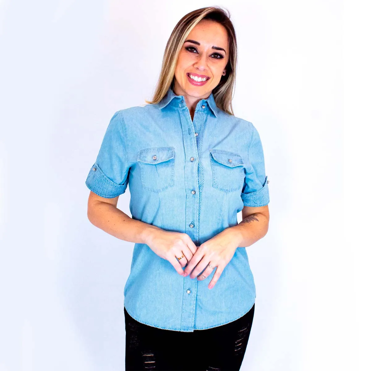 Front Pocket Clear Jeans Shirt/Women's Clothing/Shirts & Blouses/Luxury Jeans-Fast Shipping Etrega Brazil