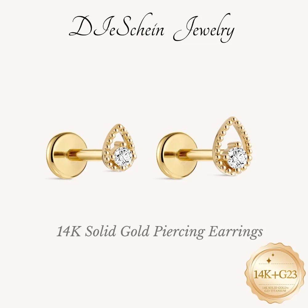 DIeSchein 14K Solid Gold Water Drop CZ Labret Ear Stud Internal Screw Teardrop Zircon Cartilage Tragus Helix Piercing Jewelry