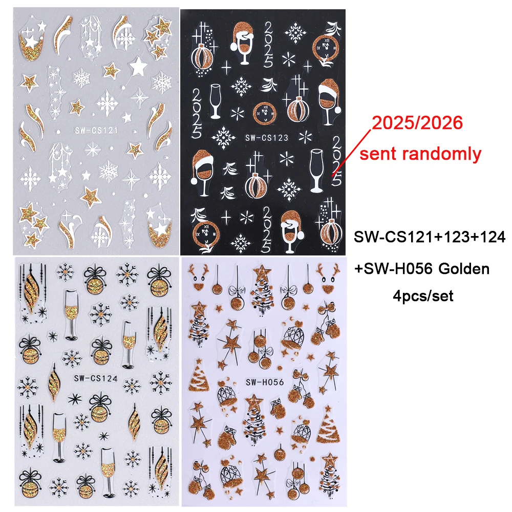4 قطعة 2026 السنة الجديدة مسمار ملصقات ساعة العد التنازلي تصميم بريق لامع قفازات الشمبانيا مسمار المنزلق الشارات لعيد الميلاد مانيكير