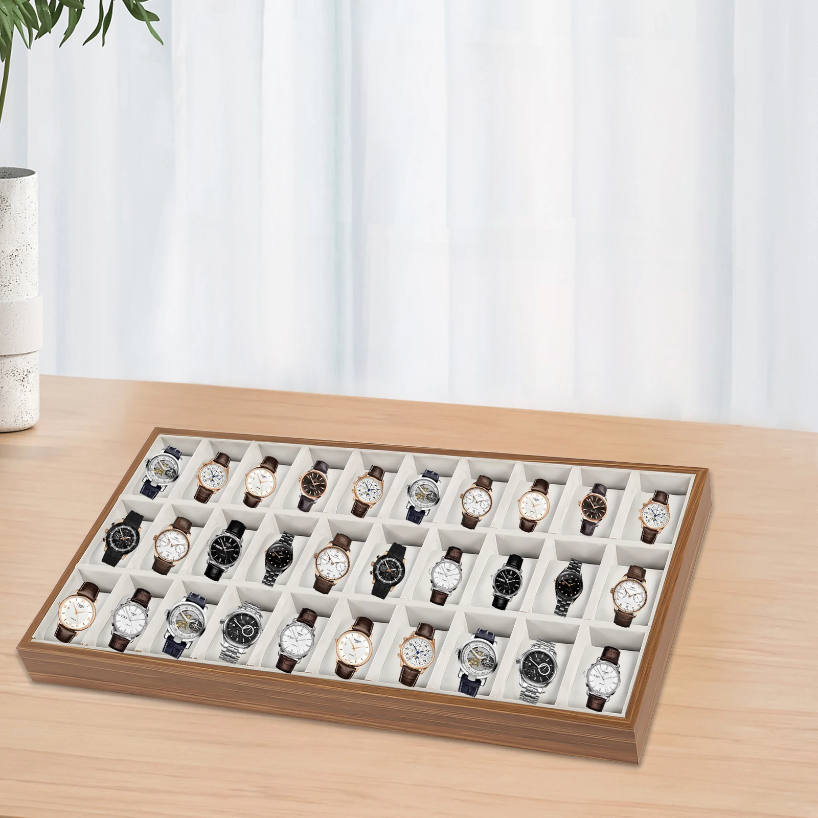 30-слотовый деревянный ящик для часов-органайзер со съемными фланелевыми подушками для ювелирных изделий и браслетов, стеклянная верхняя витрина для хранения