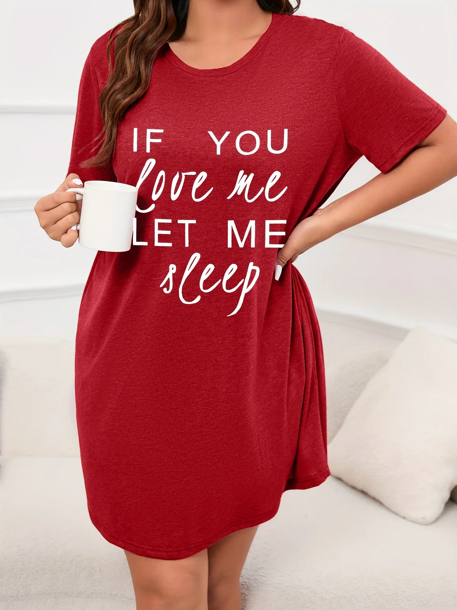 Women\'s Letter Printed Short Sleeve Round Neck Nightgown Plus Size Casual Home Dress Micro Stretch Student Sleepwear