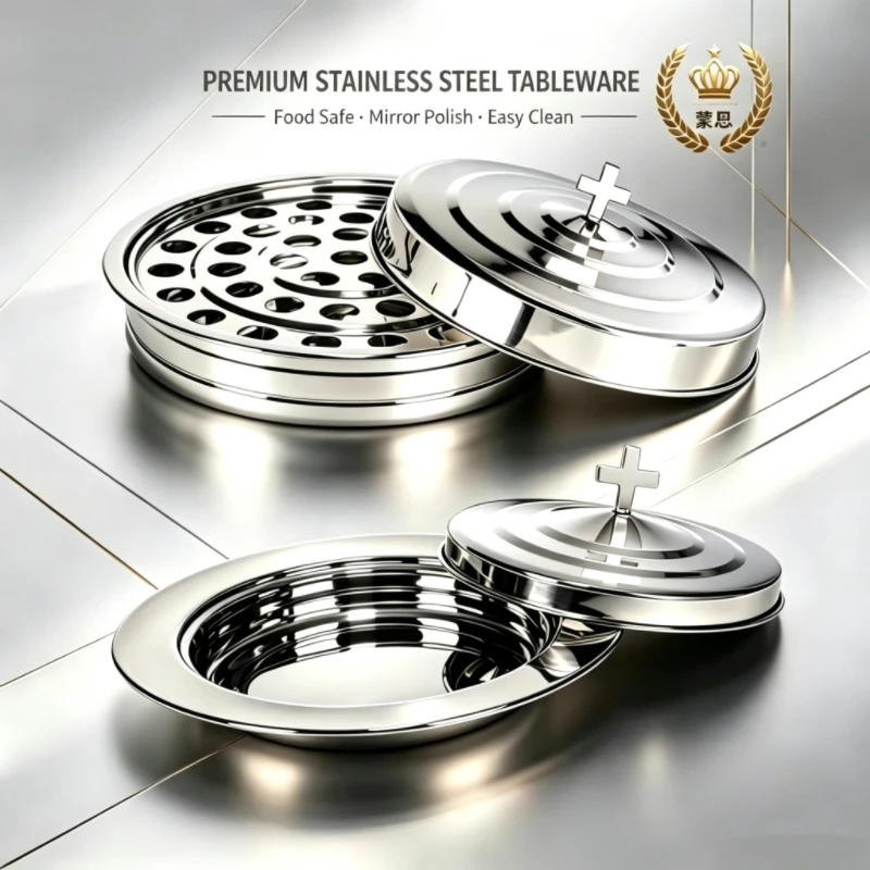Premium Quality Communion Tray Stainless Steel Plate Set One Tray with Lid Plus a Bread Plate with Lid Durable Safe