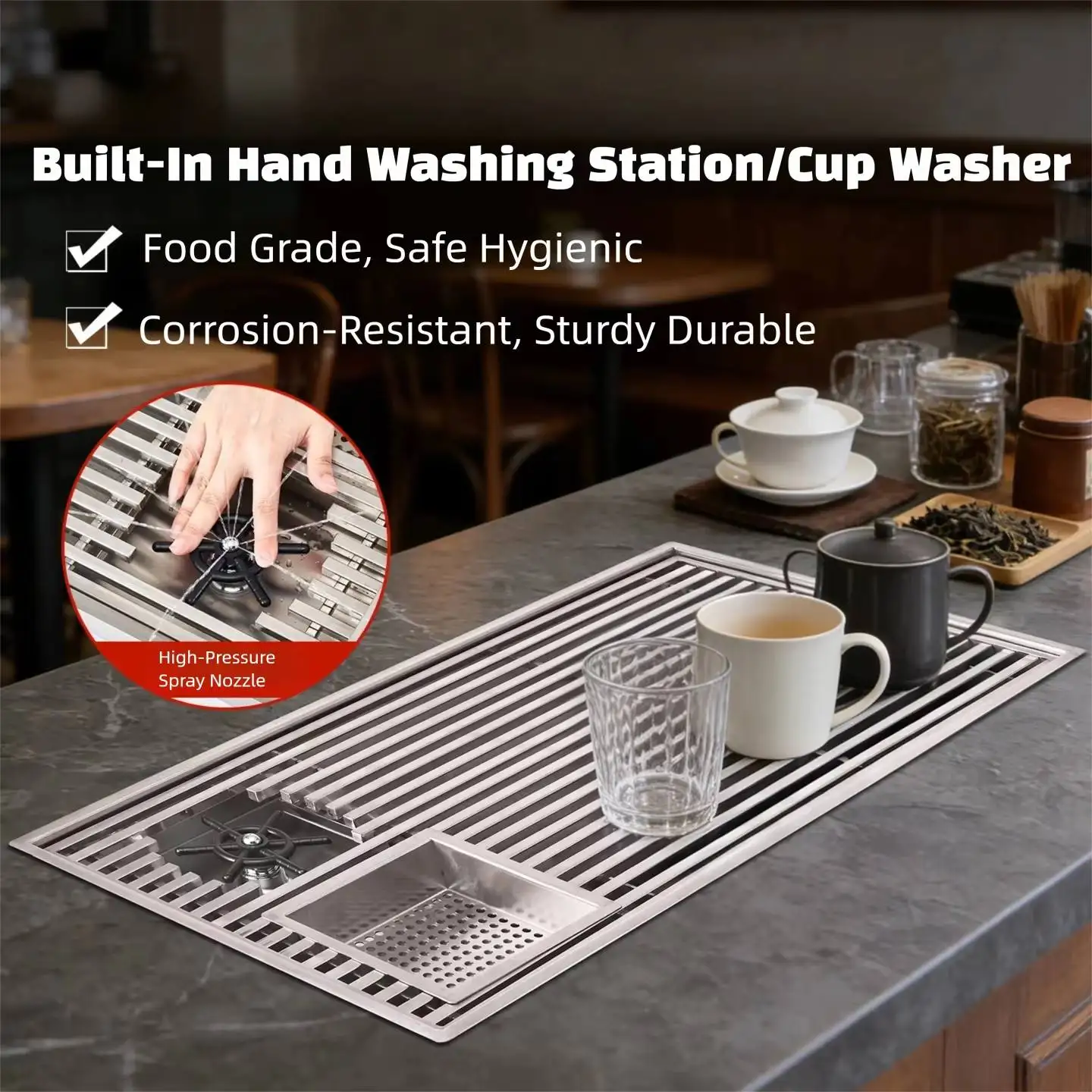 Modern Inset Tea Tray With Drain Brushed Finish Beverage Tray For Coffee Pour-Over Station Commercial Bar Counter Home Cup Washe