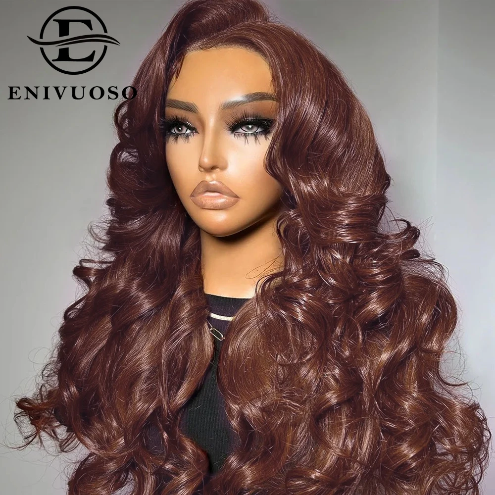 Copper Brown Body Wave 13X4 HD Synthetic Lace Front Wig Pre Plucked Reddish Brown Colored Long Wavy Glueless Lace Wigs for Women