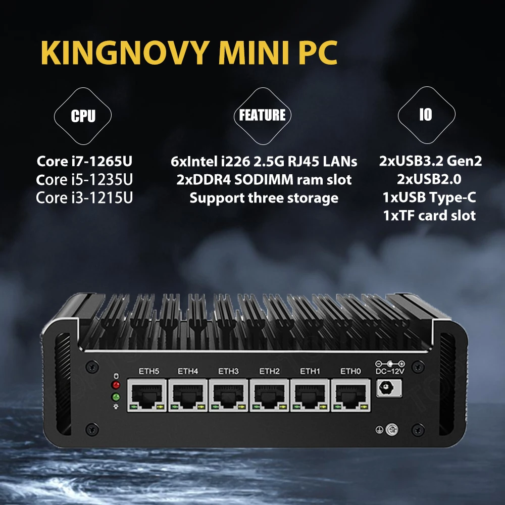 

New 12th Gen Intel 2.5G Router i7 1265U i5 1235U i3 1215U 8505 6x i226-V 2*NVMe Fanless Mini PC Firewall Computer Proxmox Host