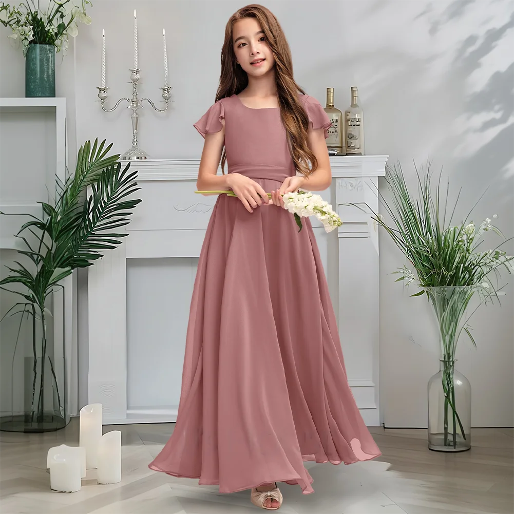 Gaun Pengiring Pengantin Junior Sifon Leher Persegi A Line Biru Panjang Lantai dengan Pita Selempang Ideal untuk Gaun Gadis Bunga Pesta Pernikahan Gow