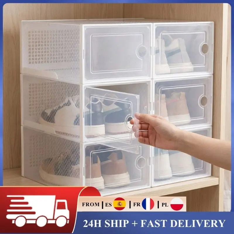 Lot de 6/12 boîtes à chaussures empilables transparentes, organisateur de chaussures pliable en plastique, rangement pour baskets, talons hauts, armoire de rangement pour chaussures jusqu'à la taille