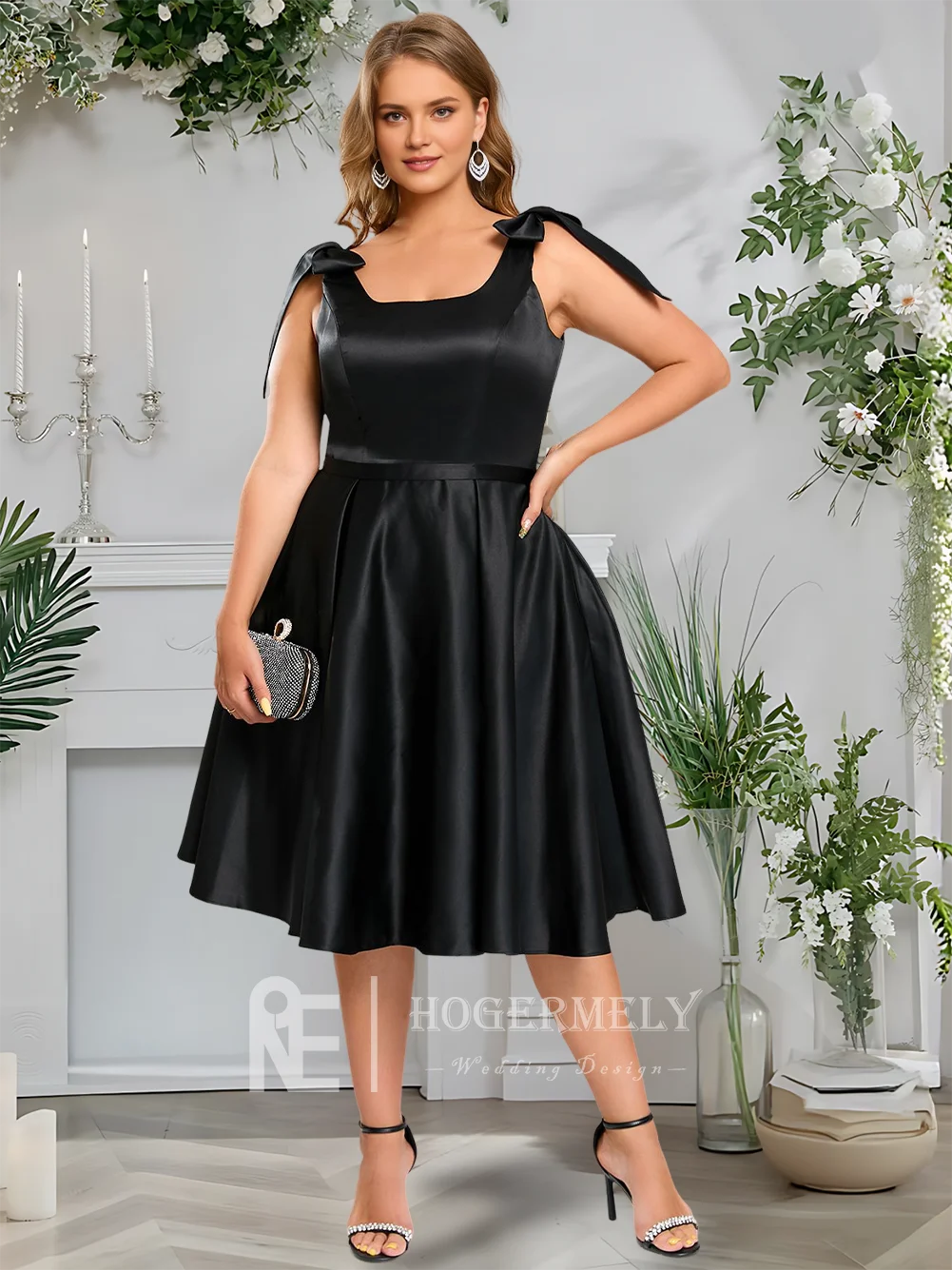 

A Women Elegant Satin A-Line Knee-Length Homecoming Dresses With Bow Square Neck V-Back Prom Cocktail Formal Party Dresses 2025