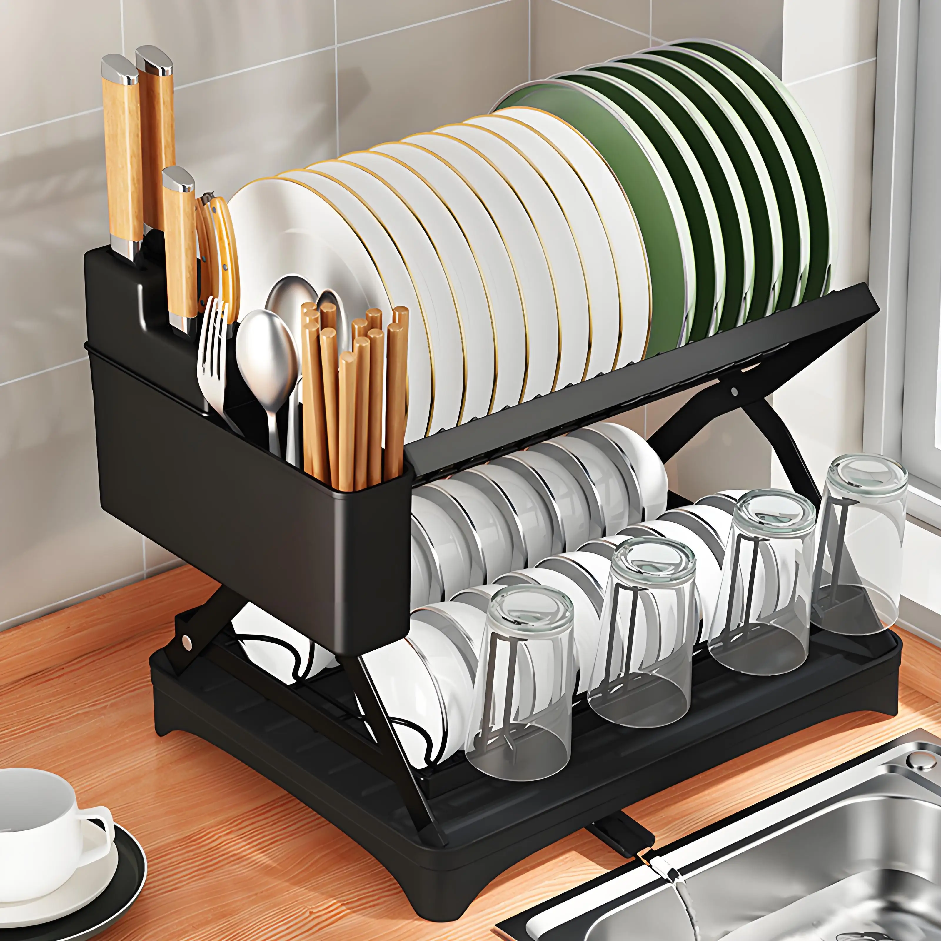 

Kitchen Organizer Rack, Foldable Dish Drainer for Home, Multi-Functional Storage and Drying Rack for Bowls and Plates