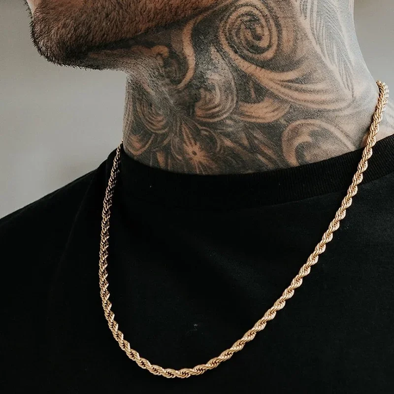 Corrente de corda torcida minimalista em aço inoxidável masculina, colar longo, disponível nas cores
