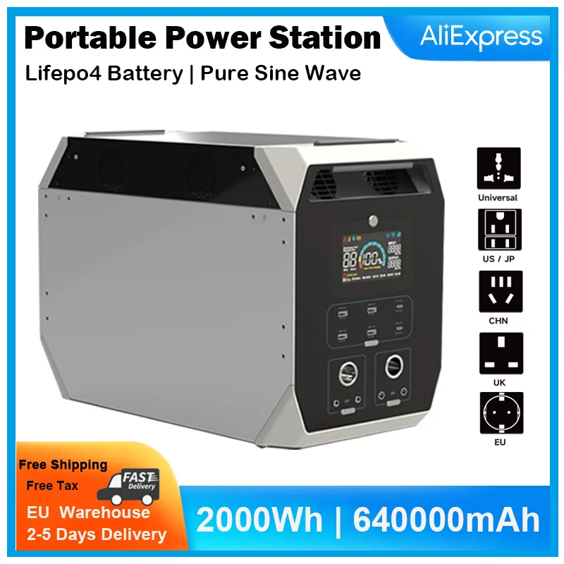 2000W, 2048Wh, 640000mAh, Lifepo4 Battery, For Outdoor Camping Power Station, Pure sine Wave