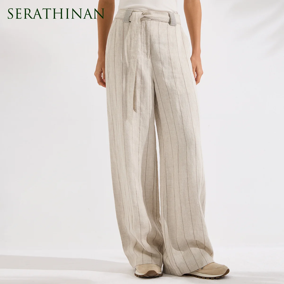 

KX9613611 Designer Striped Ramie Wide Leg Trousers Women's Luxury Metallic Fiber Casual Loose Soft Spring Summer Pants
