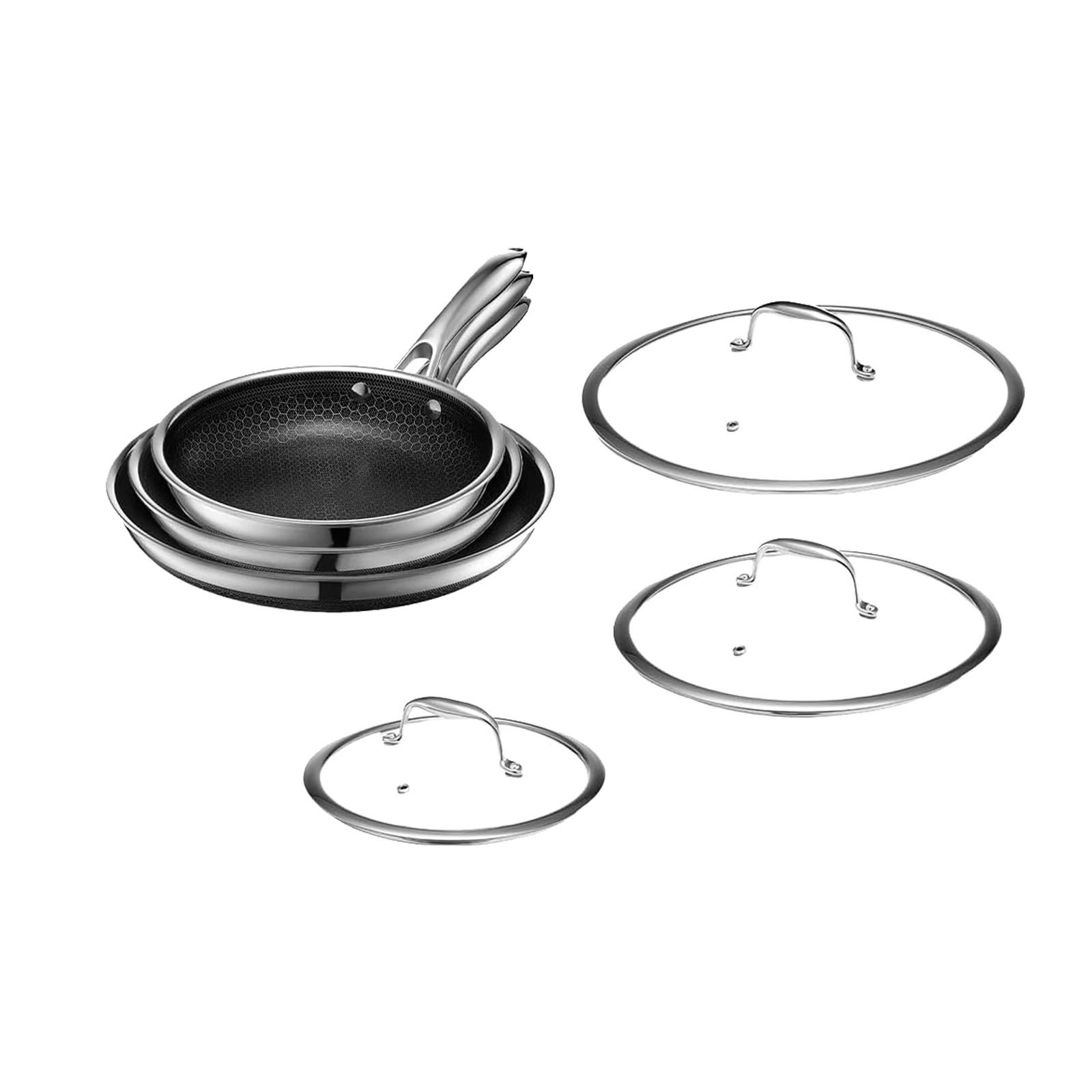 6-teiliges Antihaft-Bratpfannen-Set aus dreilagigem Edelstahl mit gehärteten Glasdeckeln und kaltbleibenden Griffen, induktions-, spülmaschinen- und ofenfest, kompatibel mit allen Herdarten.