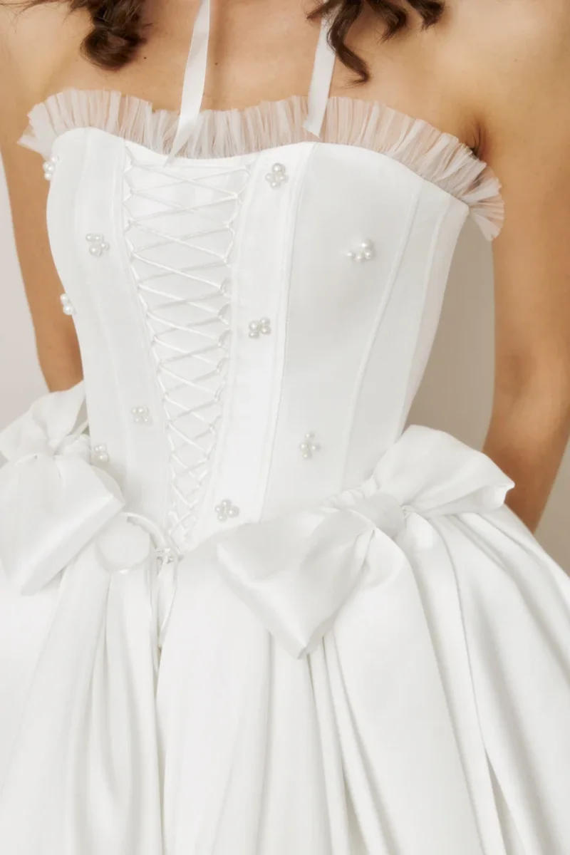 Annie Abiti da ballo con perle fatte a mano Abiti da sera corti stile soffice con fiocco bianco Occasioni speciali Abiti da festa فسات Бmavera