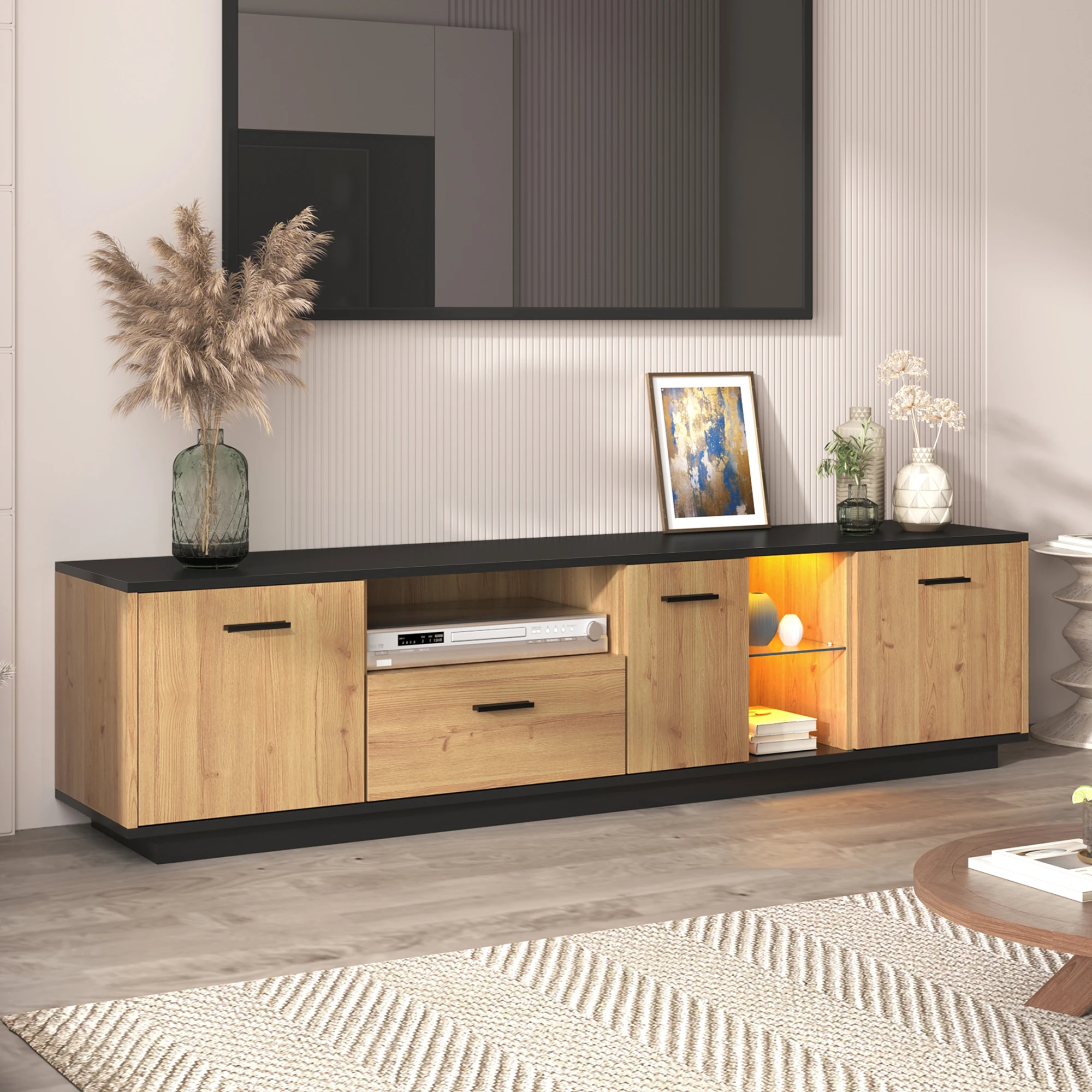 Mueble TV 175x37x51 cm, mueble de almacenamiento para TV LED, cajón 1, 3 puertas y 2 estantes abiertos, mueble salón, negro + bebida