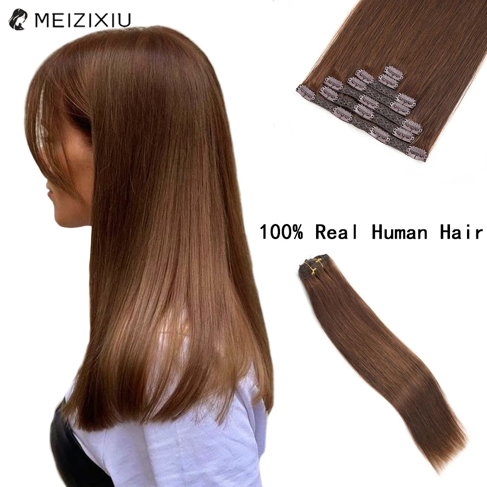 Extensiones de cabello humano Remy para mujer, pelo liso de doble trama, 7 piezas, con Clip, color marrón, 12-18 pulgadas