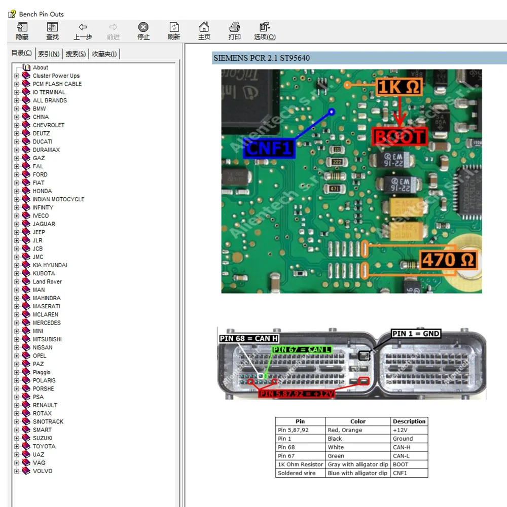 Diagramme de câblage pour banc de démarrage, Fichiers de réparation de l'unité de commande, Connecteurs ECU, Logiciel Pin Outs, Guide de connexions ECU