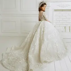 Luxury Long Sleeve Flower Girl Dresses for Wedding Customized Prom Party Girls Pageant Gowns Lace Appliques Kids Birthday Dress