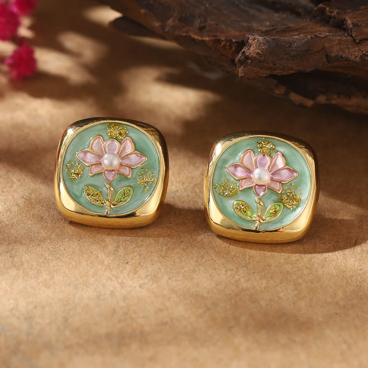 جديد أنيق النمط الصيني مطلية بالذهب زهرة اللوتس اللؤلؤ وأقراط للنساء موضة المينا مجوهرات هدية #3