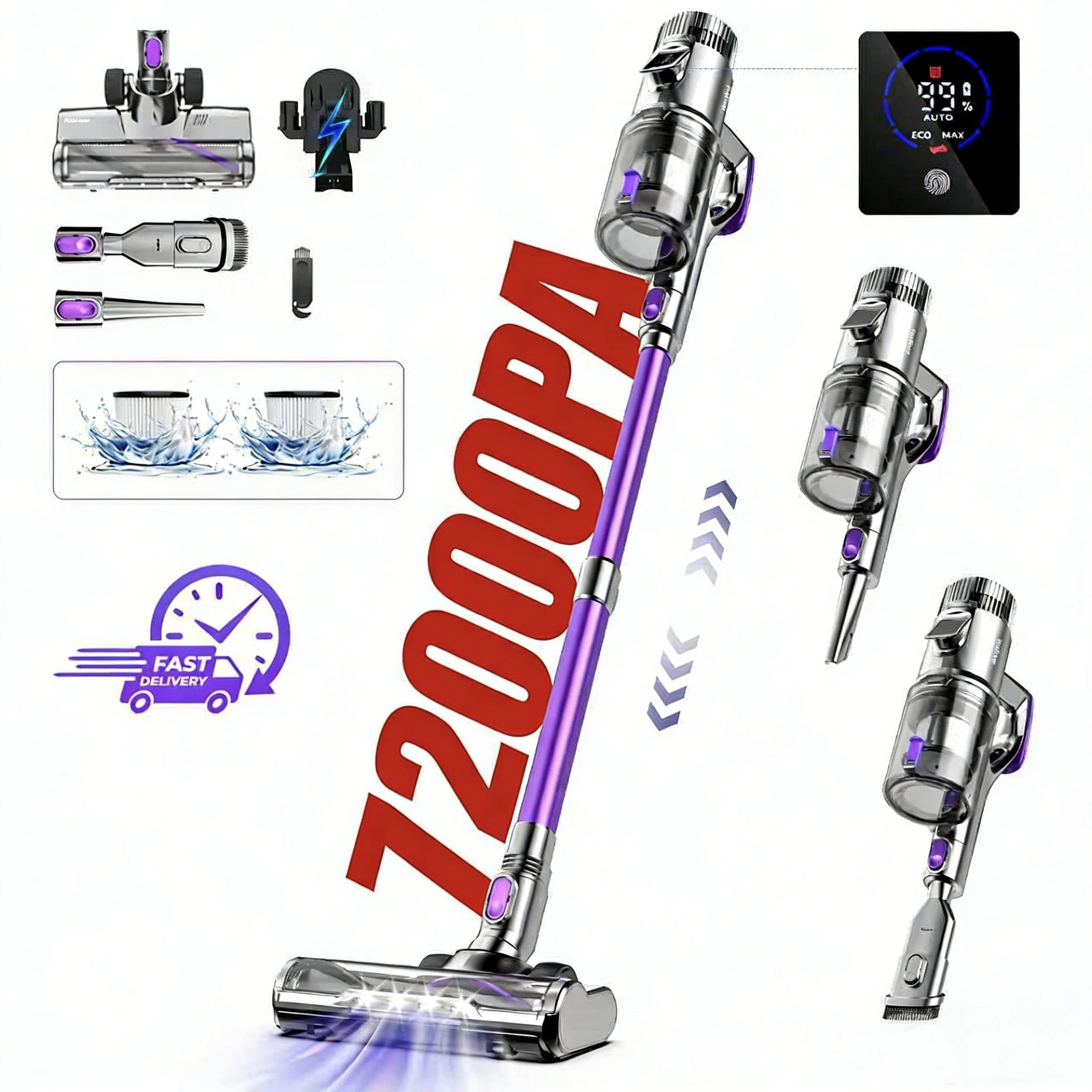 Cordless Vacuum Cleaner, 72KPA/500W Upright Vacuum, Stick Vacuum Cleaner with V-shaped Brush Head, Suitable For Pet Hair, Carpet