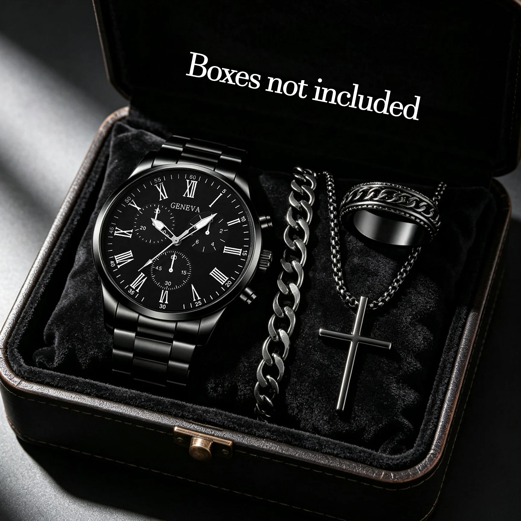 4-Piece Set of Luxury Men's Watches Paired with a Simple yet Luxurious Accessory Set, Featuring a High-Quality Watch Made of Stainless Steel The Perfect Gift for Father's Day, Birthdays, Ramadan, Anniversaries, and Everyday Wear.