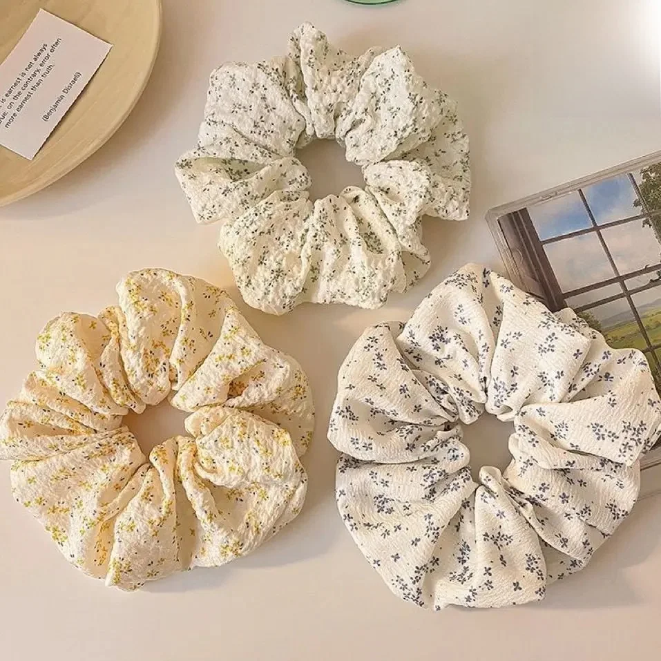 Chouchous floraux coréens bleu jaune, grandes bandes élastiques pour cheveux, pour étudiantes, femmes, support queue de cheval, attaches pour cheveux, corde, couvre-chef mignon