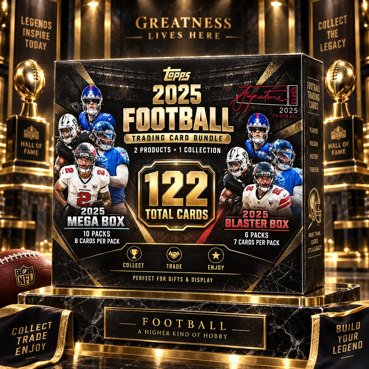2025 Football Mega Box + Football Blaster Box, 122 Cards Total Sports Trading Card Bundle for Football Collectors, Hobby Collections, Pack Opening Events, Display Shelves & Card Enthusiasts