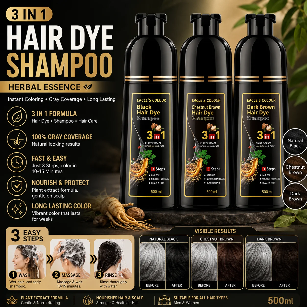 Hair Spray Color - 3-in-1 Einfaches Haarfärbeshampoo Sofortfärbendes Shampoo Grau-Weiß-Abdeckung